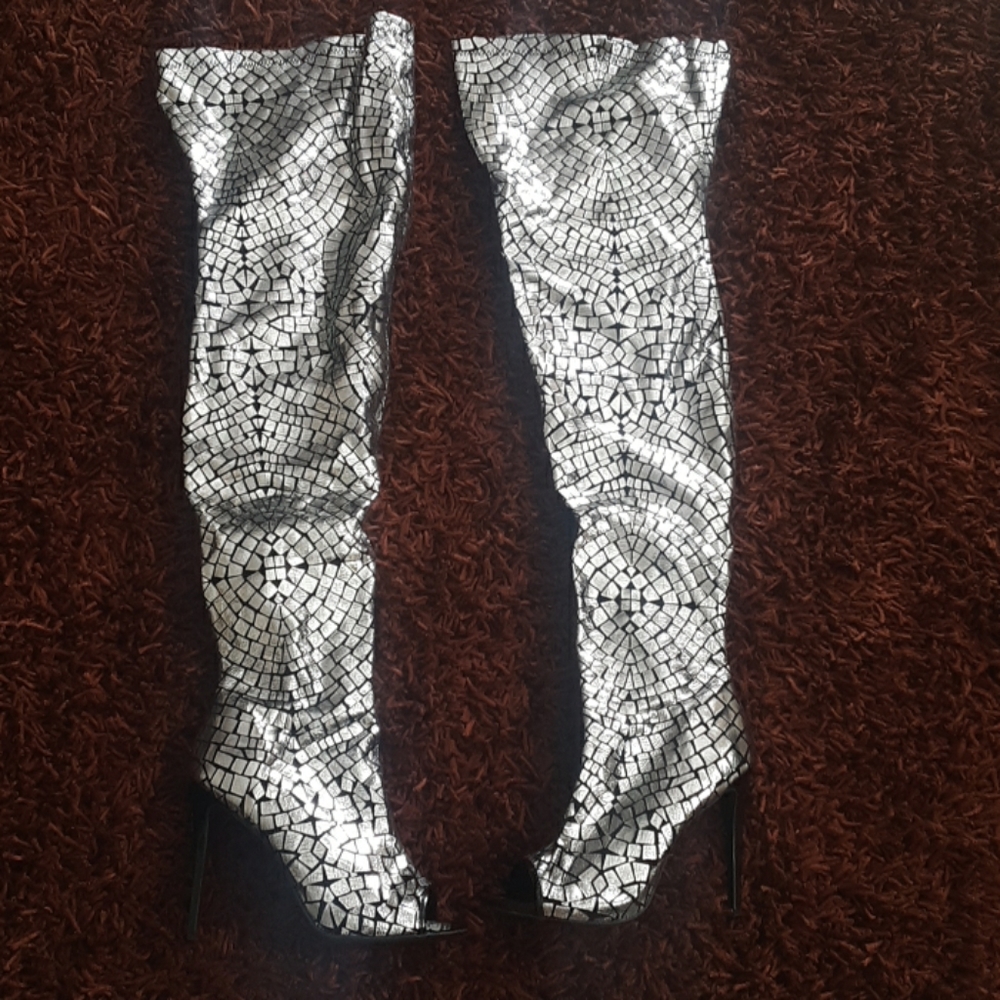 Geometric Metallic Thigh High Boots